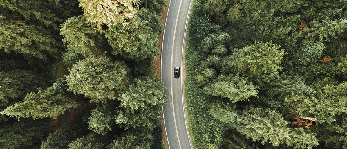 Flygbild av en bil som kör på en slingrig landsväg omgiven av tät skog