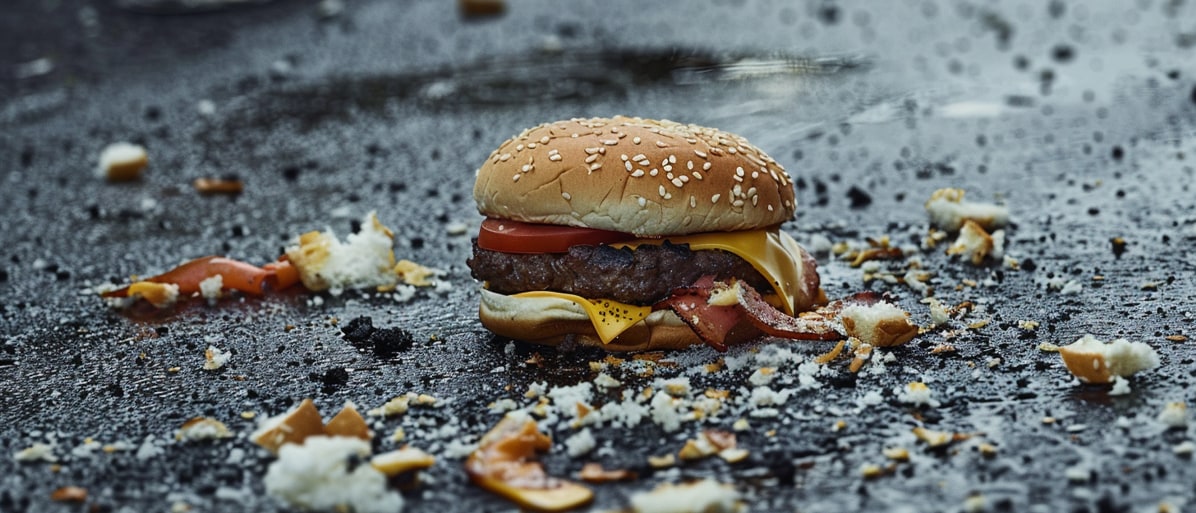 En burgare förstörd och spridd på marken.