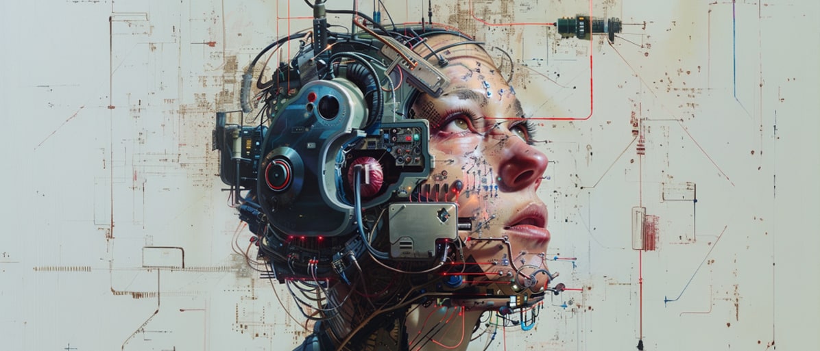 Konstnärlig bild av ett ansikte som kombineras med maskinella delar och kretskort