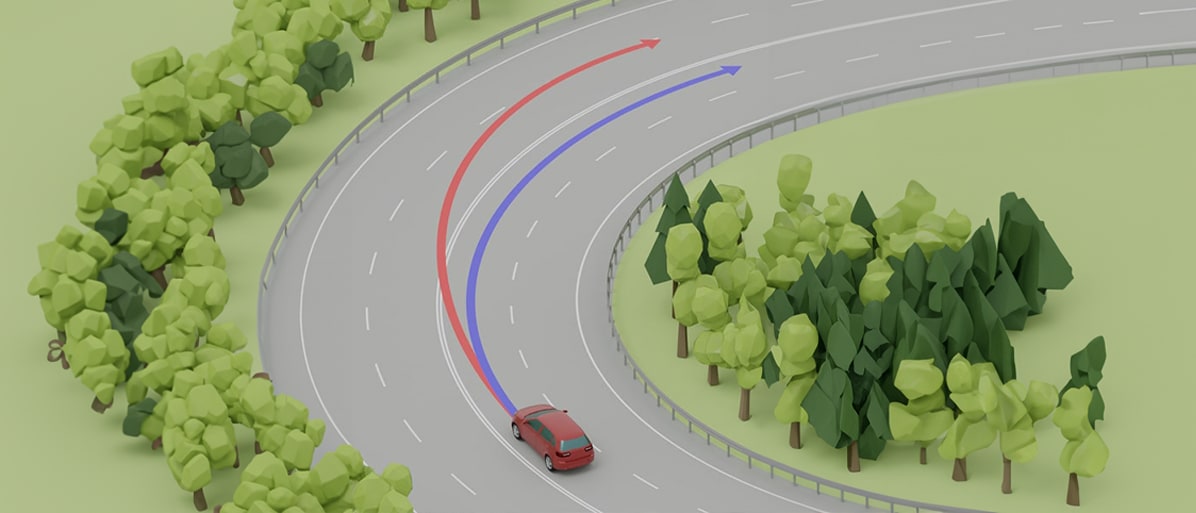 Illustration av en bil på en väg med röda och blå linjerna som representerar överstyrning och understyrning.