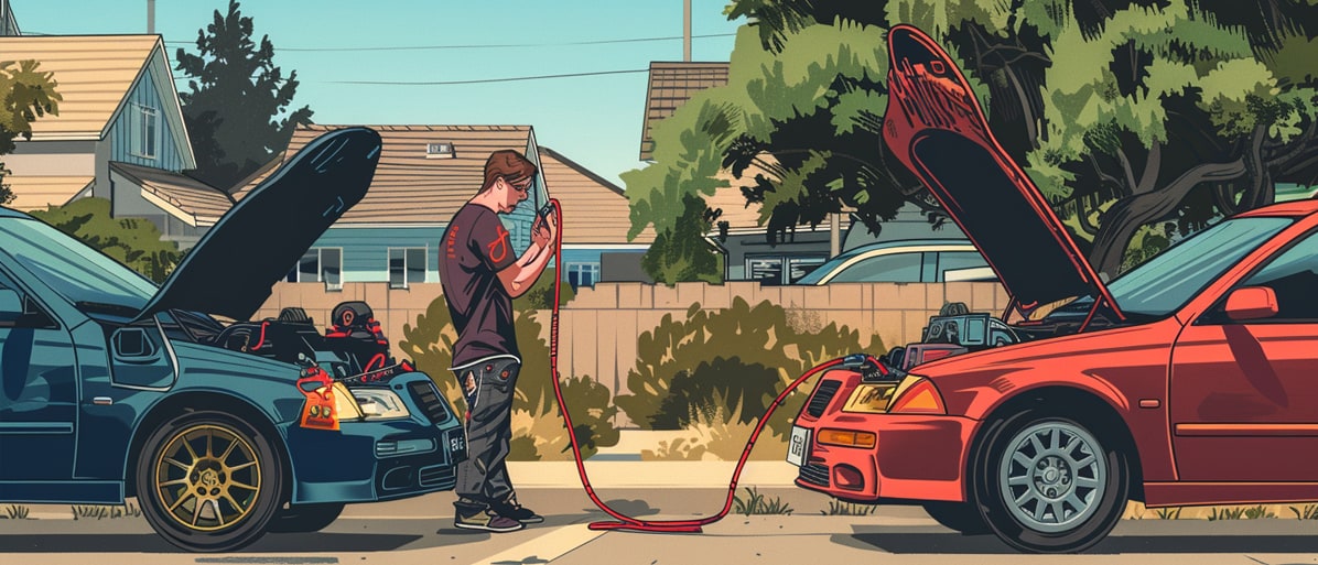 Illustration av en person som använder startkablar för att starta en bil