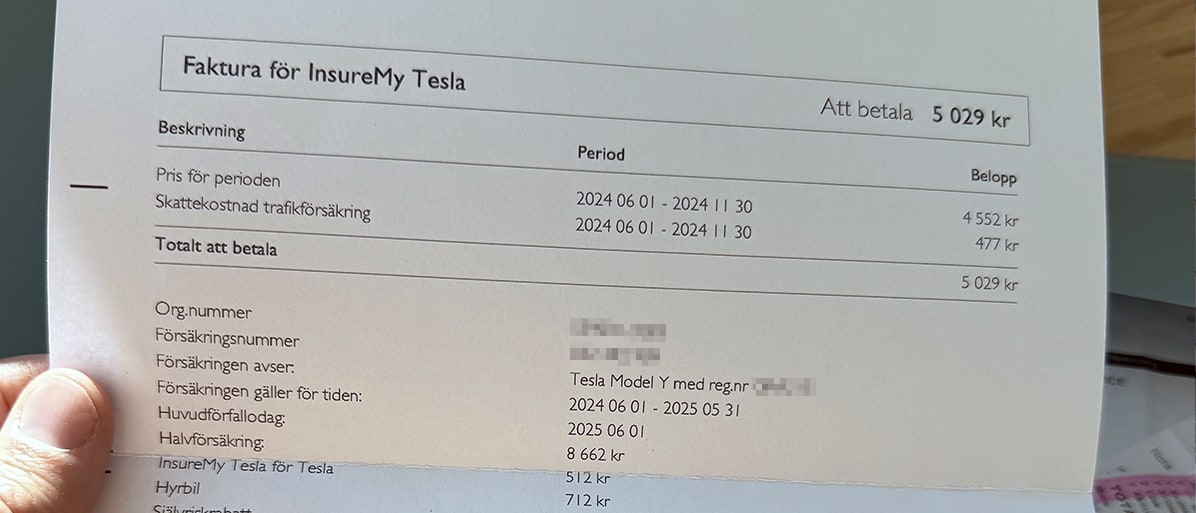 Försäkringsdokument för en Tesla